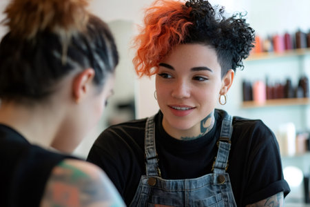 Hairdresser providing a hair styling consultation to a client in a modern salon environment, discussing new looks and trendsの素材