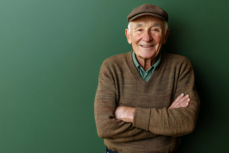 Cheerful older man wearing a cap and sweater stands confidently, smiling warmly against a green background, looking at cameraの素材