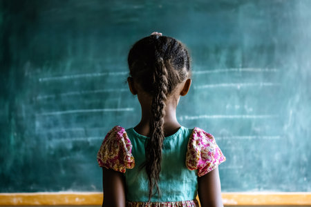 Young child with braided hair standing in front of an empty chalkboard, representing education and the future of learningの素材