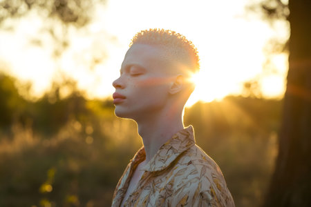 Young person with albinism standing peacefully outdoors, eyes closed, enjoying golden warm sunlight during sunsetの素材