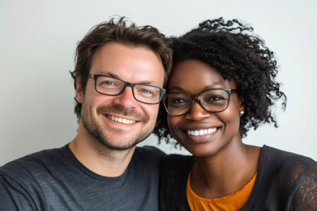Cheerful male and female couple wearing eyeglasses smiling. Celebrating love, togetherness, and positive relationshipsの素材