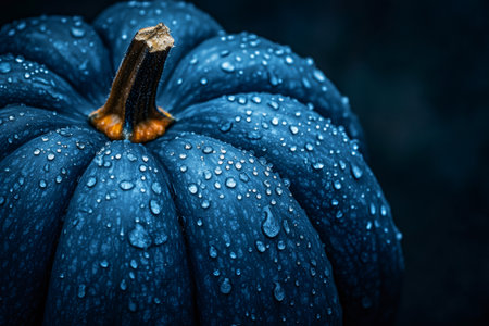 Textured surface of a dark blue pumpkin with water drops, highlighting its unique color and refreshing appearanceの素材