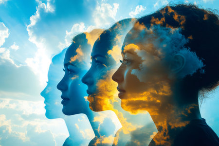 Multiple women silhouettes overlaid with sky and clouds, symbolizing interconnectedness, global network, and collective intelligenceの素材