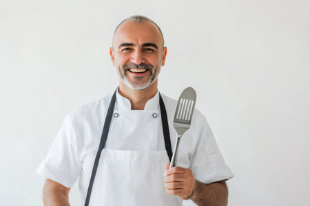 Happy male chef presenting kitchen utensil, symbolizing cooking expertise, culinary profession, and food preparationの素材