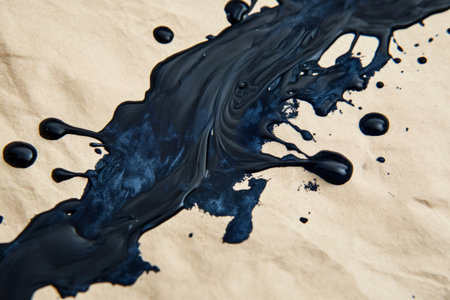 Dark blue ink spreading and creating abstract shapes on textured, wrinkled kraft paper. Dynamic liquid spillの素材