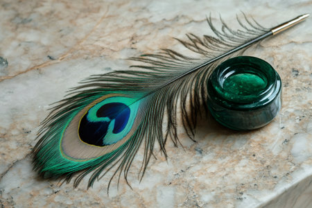 Peacock feather quill pen resting on marble table, ready for traditional writing. Vibrant green ink filling the glass inkwellの素材