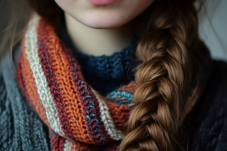 Close up of a person's chin, mouth, and long brown braid, wearing a cozy, colorful knitted scarf and warm sweaterの素材
