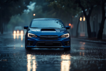 Blue hatchback car navigating a rainy street at night, headlights illuminating the wet asphalt and city reflectionsの素材