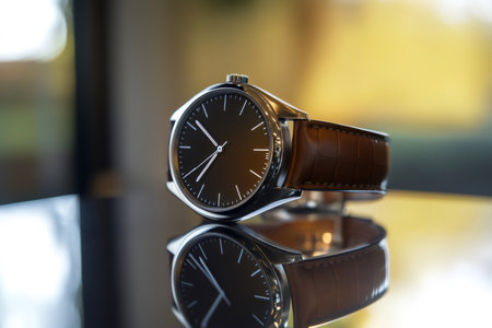 Elegant hybrid smartwatch presenting time with a dark dial, silver casing, and luxurious brown leather strap on a reflective surfaceの素材