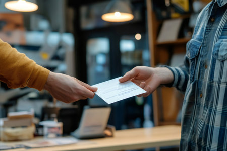 Professional handing a signed document to a client, symbolizing service completion, payment, or agreement between partiesの素材