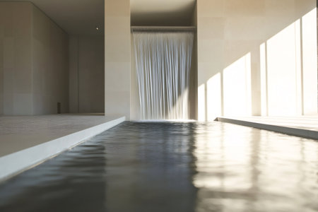 Modern architectural space featuring an indoor waterfall and shallow water pool with natural light creating reflectionsの素材