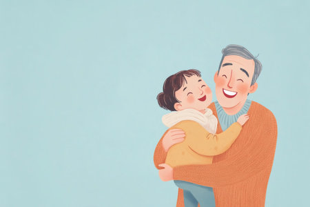 Happy grandfather embracing grandchild, sharing a loving moment on a light blue background, representing family bond and careの素材