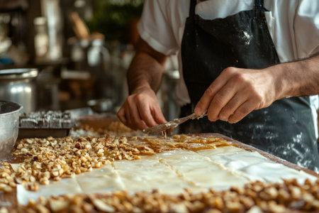 Chef's hands meticulously preparing traditional baklava, carefully layering phyllo dough sheets with chopped nuts and butterの素材