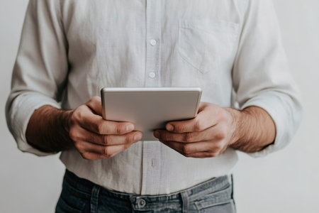 Person holding a silver digital tablet or ebook reader, interacting with technology and accessing informationの素材