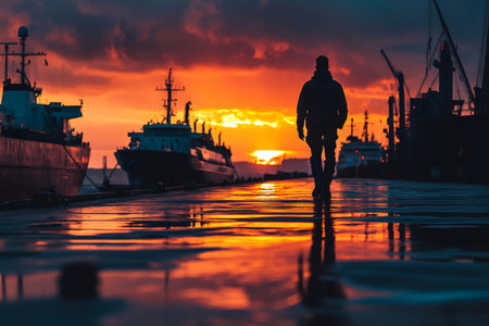 Person walking on a wet dock with reflections of a vibrant sunset and silhouetted ships in a commercial portの素材