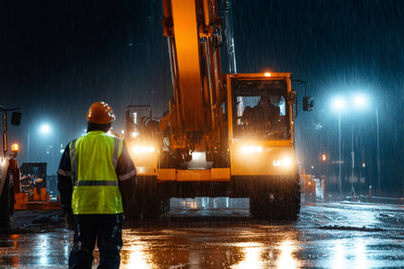 Construction worker in safety vest and hard hat watching a mobile crane operating on site during a rainy nightの素材