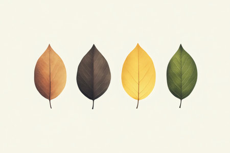 Leaves showcasing the natural process of changing colors during different seasons, arranged minimally on a soft backgroundの素材