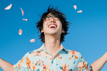 Joyful Asian man in a floral shirt laughing with head tilted back, pink petals falling under a clear blue skyの素材