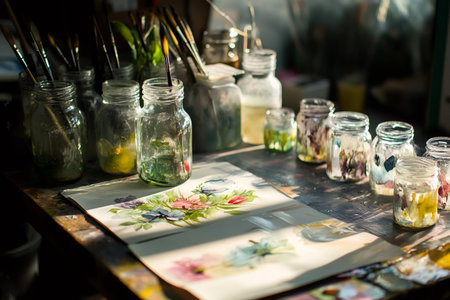Artist's workspace with brushes submerged in water in jars, paint palettes, and watercolor paintings of flowers reflecting soft lightの素材