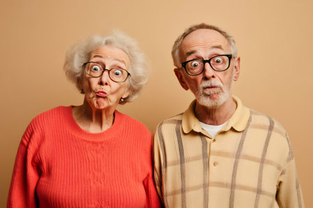 Elderly couple with humorous expressions, wide eyes, and puckered lips, creating a comical and surprising momentの素材