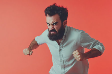 Bearded man clenching fists, gritting teeth, and furrowing eyebrows, expressing strong emotions like anger, frustration or determinationの素材