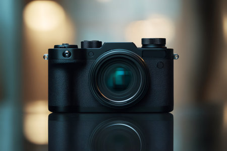 Mirrorless camera featuring a sleek, modern, and minimalist design. Capturing technology, photography, and digital imaging conceptsの素材