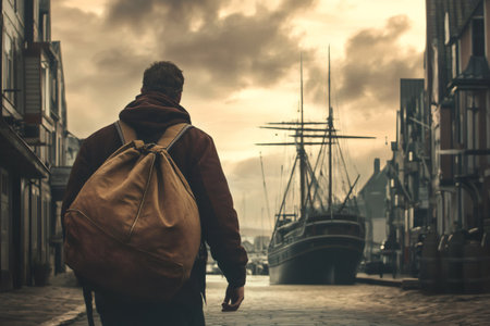 Man with a backpack walking along a cobbled street in a historic port town, with an old sailing ship in the backgroundの素材