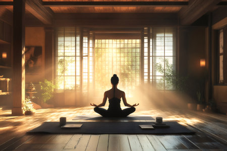 Person practicing yoga or meditation in a tranquil indoor setting. Sunlight beams through the windows, creating a serene atmosphereの素材