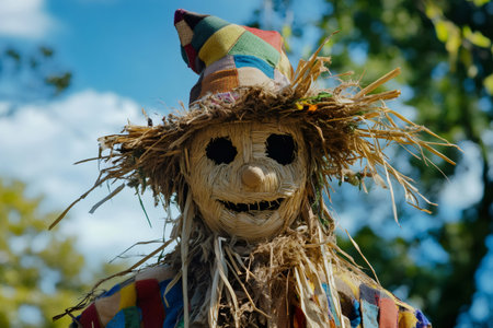 Straw scarecrow face featuring a smiling mouth, black eyes, and a colorful patchwork hat, standing outdoors under blue skyの素材