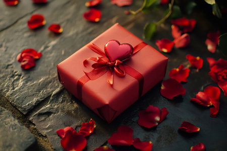 Red gift box with a heart decoration and ribbon, surrounded by scattered rose petals on a textured surface, symbolizing romance and celebrationの素材