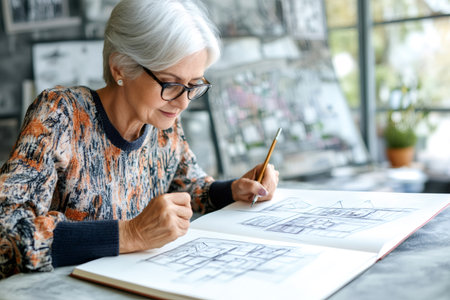 Senior woman wearing glasses drawing detailed architectural blueprints in a studio, developing a new projectの素材
