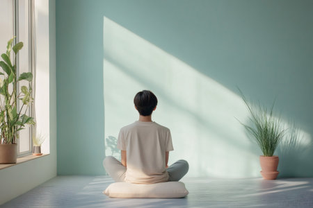 Person sitting on cushion in lotus pose, facing pastel green wall with sunlight and shadows, cultivating inner peaceの素材