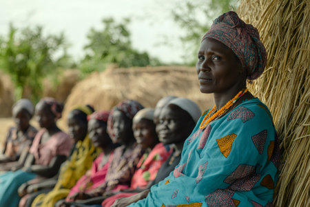 African woman wearing a headwrap and colorful dress sitting with other women, participating in a rural community gatheringの素材