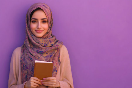 Young woman wearing a hijab and traditional clothes, smiling while holding a book against a purple wallの素材