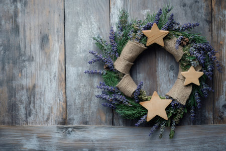 Rustic wreath handcrafted with lavender flowers, fir branches, burlap, and wooden stars on a weathered wooden background, offering copia spaceの素材