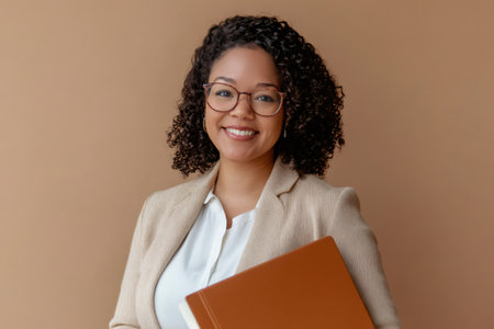 Smiling young mixed race woman in a blazer and glasses, holding a professional portfolio against a neutral backgroundの素材