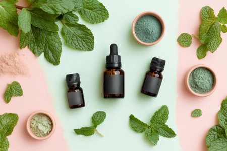 Essential oils and herbal powders with fresh mint leaves create a serene composition for natural skincare and wellness conceptsの素材