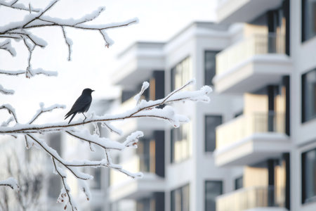 Black bird observing a winter urban scene, perched on a snow covered branch with contemporary residential buildings in backgroundの素材