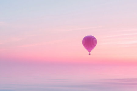 Hot air balloon drifting peacefully over a reflective calm surface, catching the light of a colorful sunrise or sunsetの素材