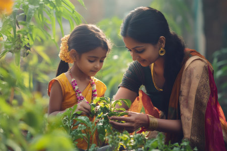 Indian woman demonstrating gardening to a young girl, fostering knowledge and connection with nature in a lush environmentの素材