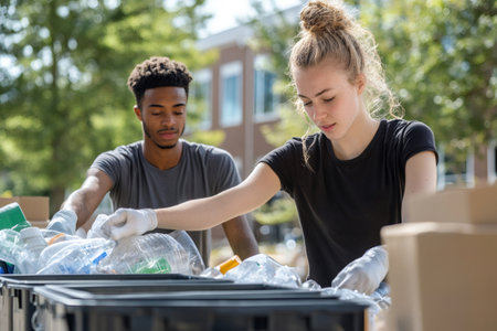 Young diverse volunteers collecting and sorting plastic bottles into recycle bins, promoting environmental protection and sustainabilityの素材