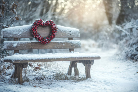 Heart wreath made of red berries sitting on a snow covered wooden bench in a serene winter forest, symbolizing love and warmthの素材