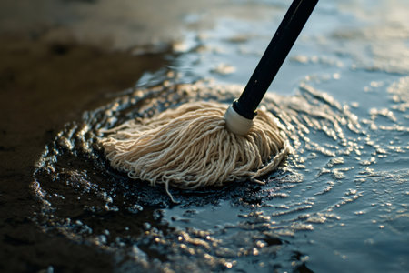 Mop head moving across a wet, dirty industrial floor, collecting dark liquid and grime. Focus on cleaning processの素材