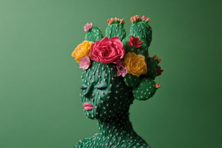 Human figure with cactus skin and soft spines, wearing colorful flowers as a crown, concept of natural beautyの素材