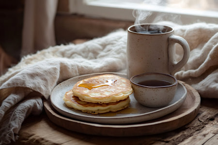 Pancakes drizzled with golden honey, a steaming mug of coffee, and a small bowl on a rustic wooden board. Cozy breakfast sceneの素材