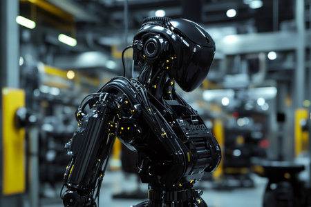 Sophisticated black humanoid robot standing in a modern light industrial workshop, representing advanced automation and future manufacturingの素材