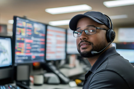 Logistics specialist wearing headset smiling at camera in a busy control room surrounded by multiple computer monitorsの素材