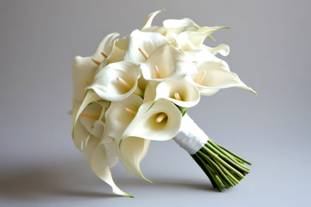 Elegant white calla lilies forming a bridal bouquet, representing purity and new beginnings on a wedding day, isolated on grayの素材