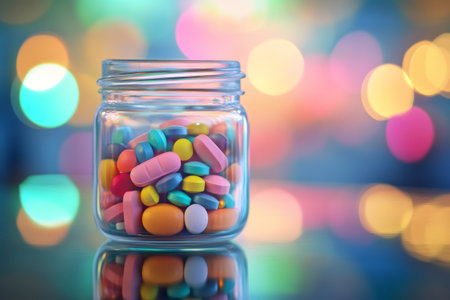 Clear jar filled with assorted bright multi colored tablets, pills, and capsules, reflecting on a bokeh backgroundの素材