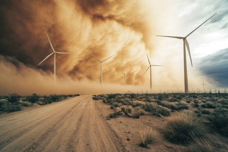 Wind turbines facing a massive haboob in a desert landscape, symbolizing renewable energy and environmental challengesの素材